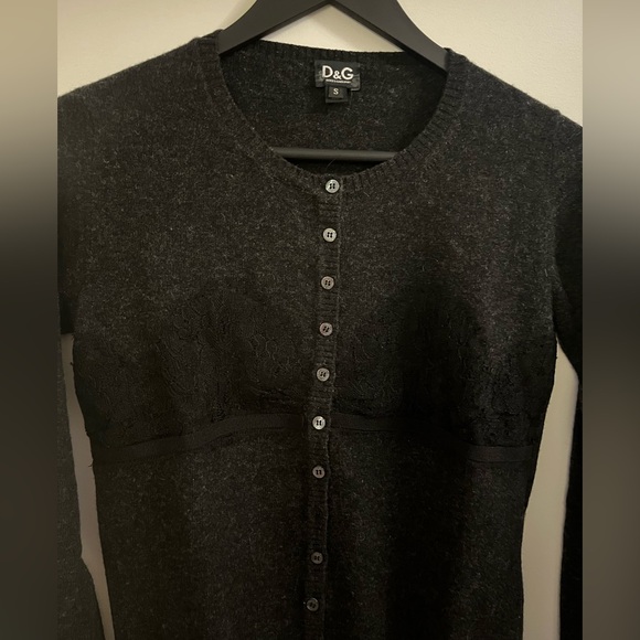 New D&G Dolce & Gabbanas Dark Grey Wool Knit Cardigan Black Lace S Made in Italy - Picture 3 of 5